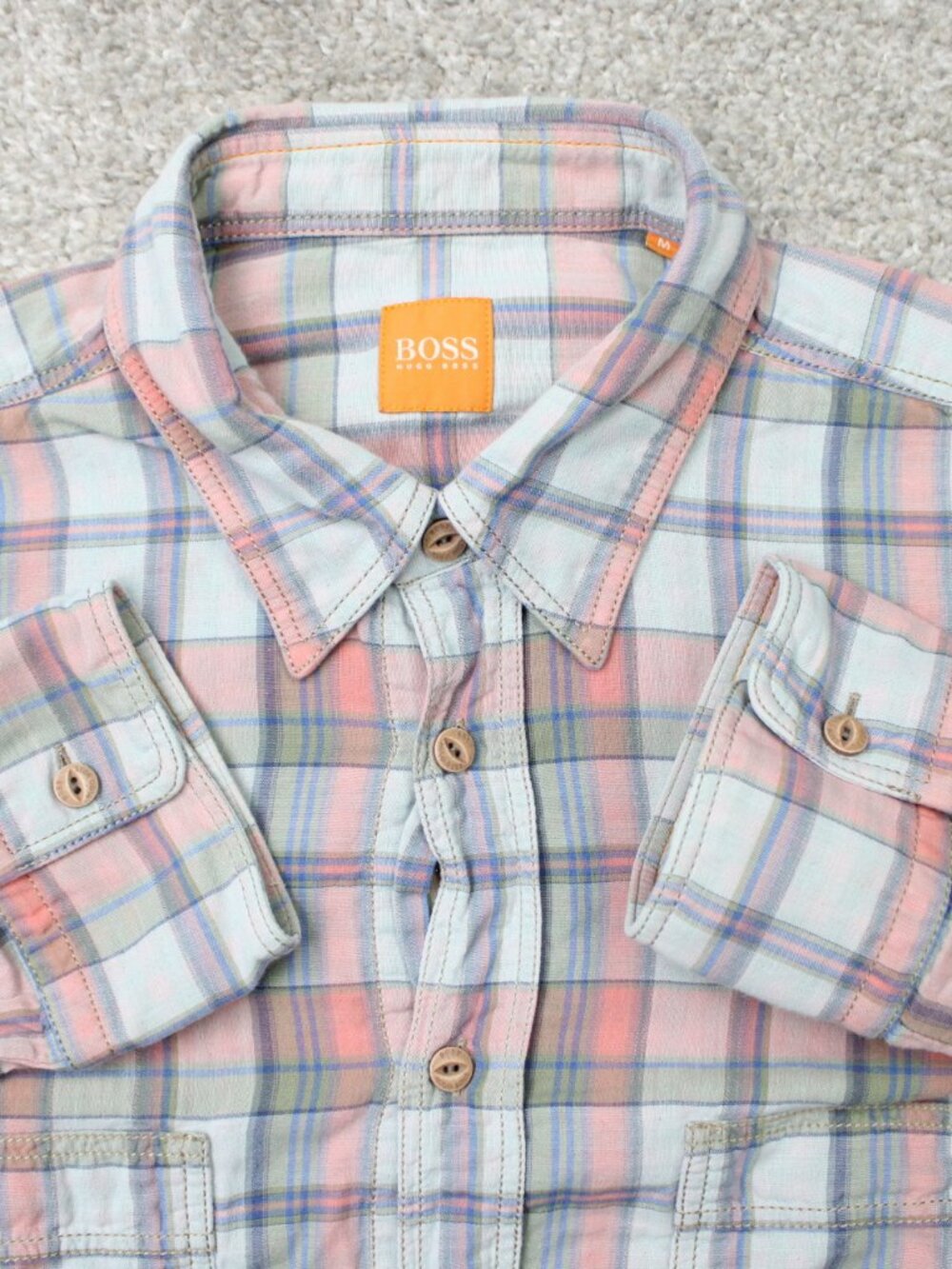 BOSS Hugo Boss Orange Shirt Mens Medium Pink/Green CalifoE_1 Cotton Long Sleeve